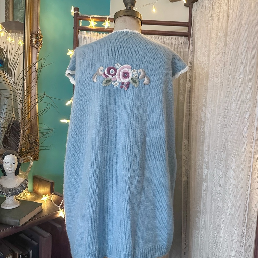Vintage 1990s Koret Baby Blue Floral Embroidered Vest Cottagecore Size XL - Picture 4 of 10